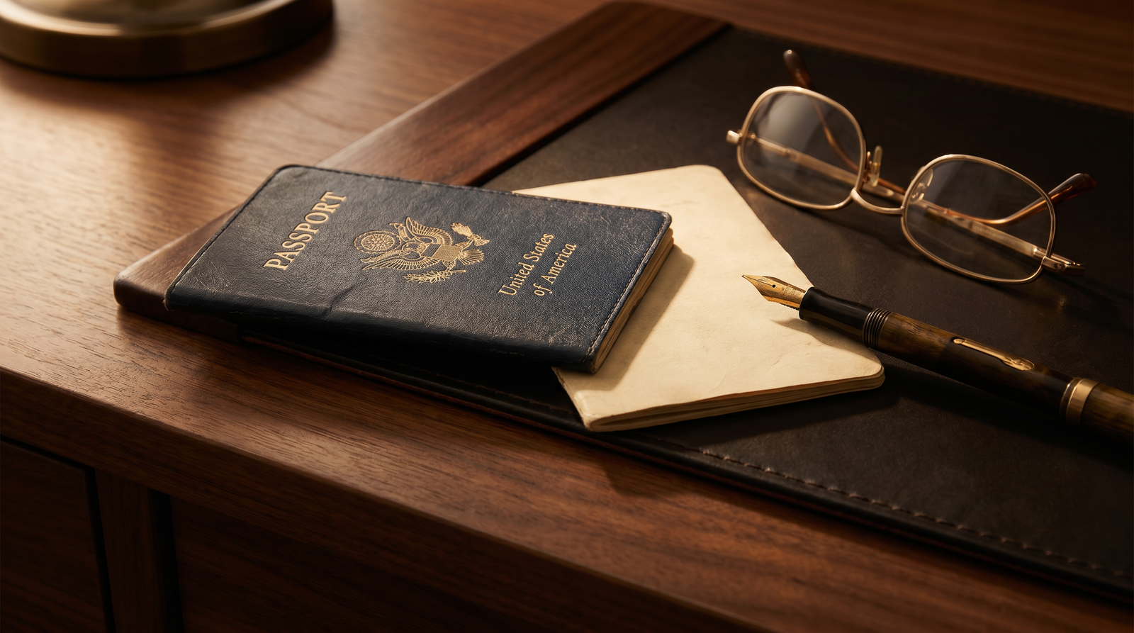 A passport and pen on a walnut desk