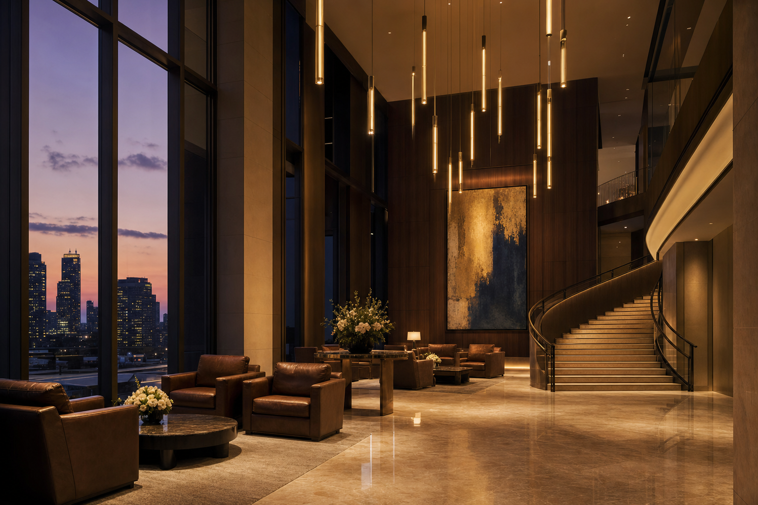 Private bank lobby interior at dusk with marble floors, gold pendant lighting, and a city skyline beyond